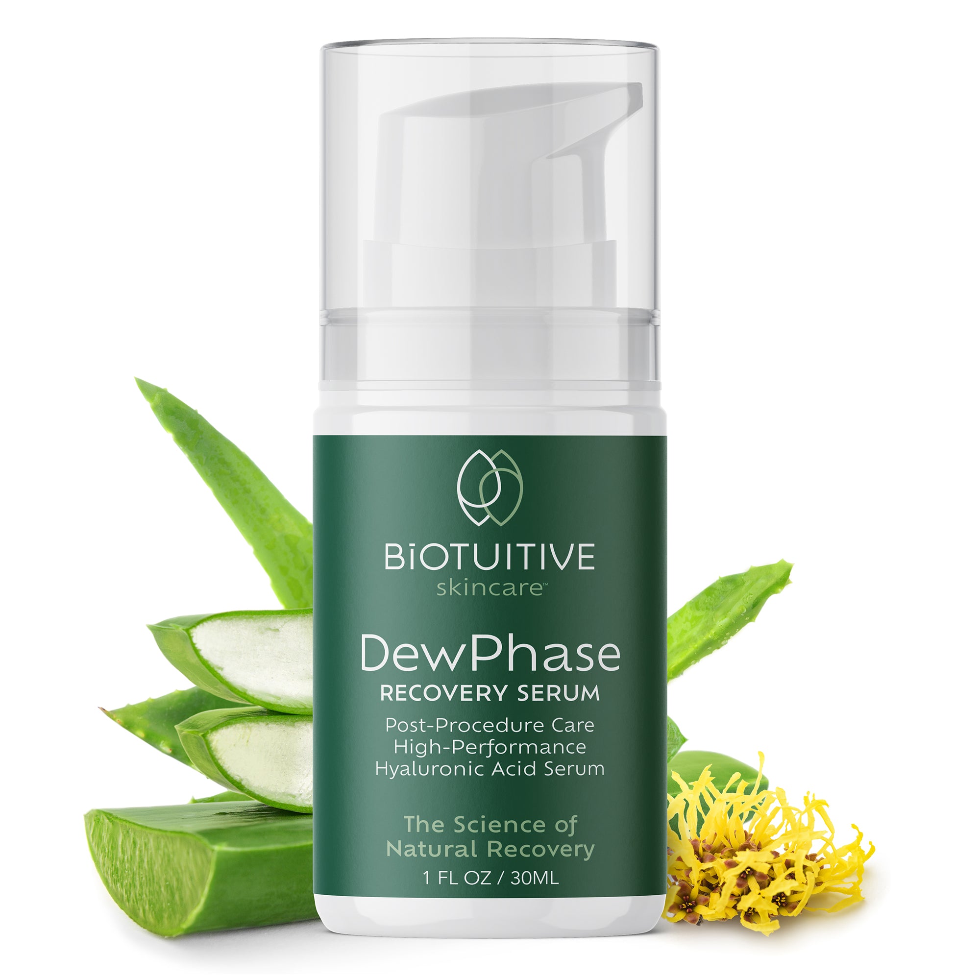 Biotuitive DewPhase Recovery Serum with aloe vera leaves and witchhazel on a white background