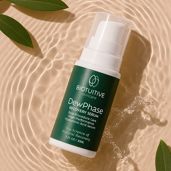 Biotuitive DewPhase Bottle on Water Against a Tan Background